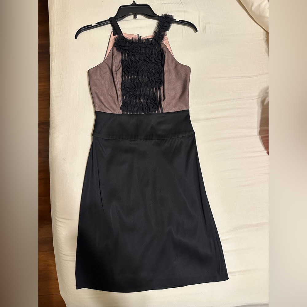 BCBGMaxAzria 100% silk Black and Pink sleeveless Dress chiffon sheer ruffle